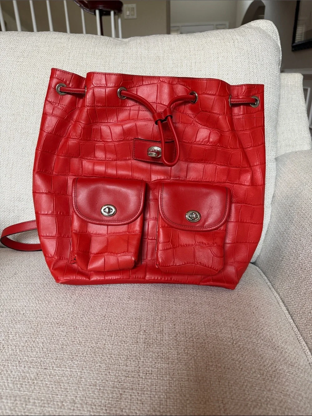 Bold Red Faux-Croc Backpack with Front Pockets Coach